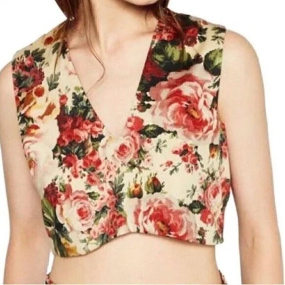 Zara Floral Crop Tank Top S V-Neck Vintage Rose Print Zip Back Summer Flower - Picture 7 of 10
